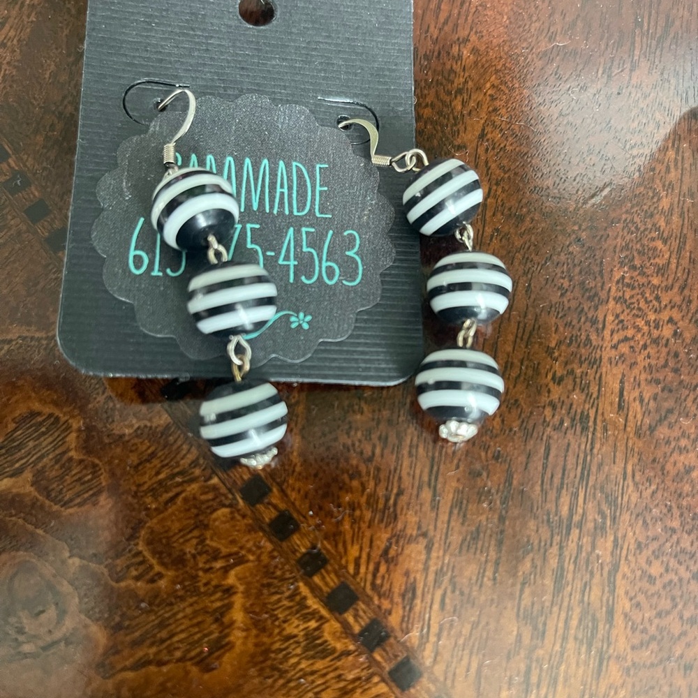 Silver Tone/Black and White Striped Earrings